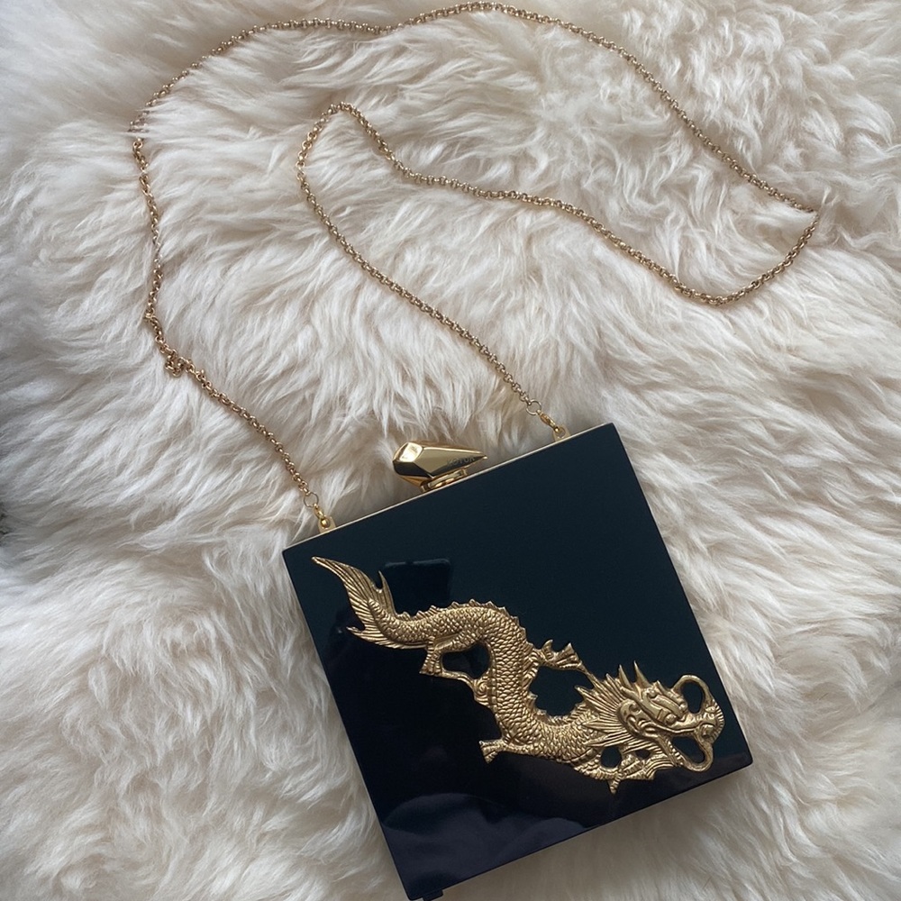 X SOLD X KOTUR Fitzgerald Perspex Dragon Embellishment Black/Gold Acrylic Clutch